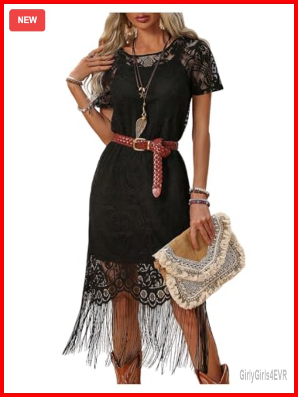 WDIRARA Western Fringe Dress Set Lace Layered Boho Cowgirl Concert